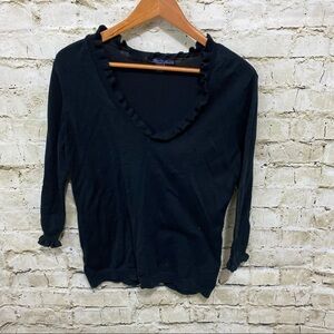 American Living Black Ruffle V Neck 3/4 Sleeve Sweater